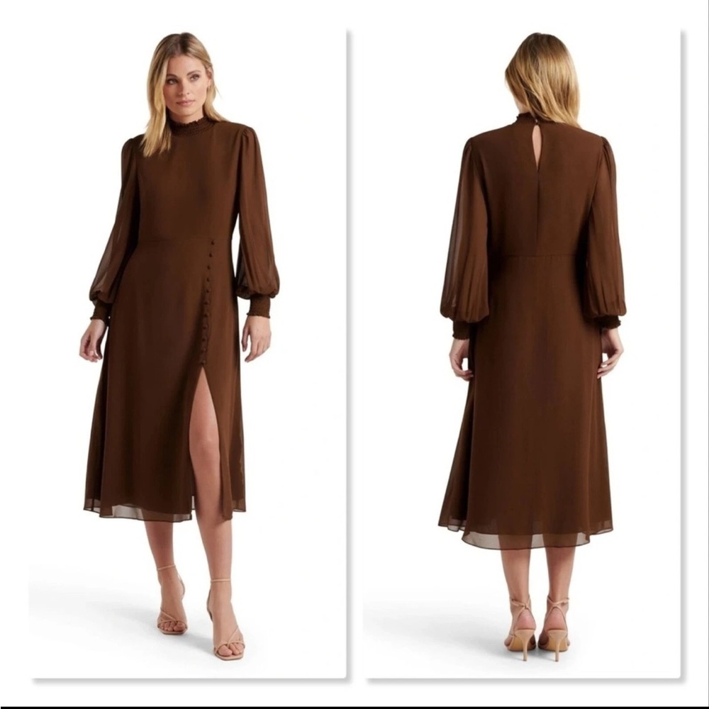 High Neck Midi Dress in Cinnamon EVER NEW Size 0 Blouson sleeves Button Detail